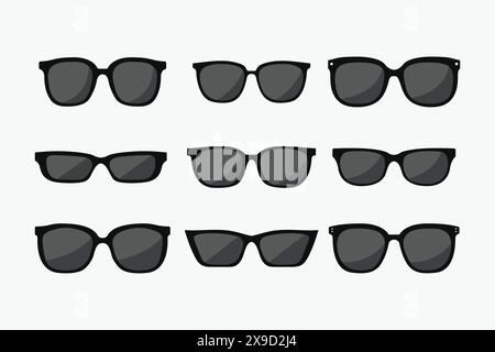 Set of sunglasses in various shapes and sizes. The sunglasses are all black and arranged in a row Stock Vector