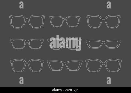 Set of outline glasses icons of different shapes and sizes. isolated dark background Stock Vector