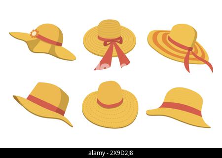 Collection of beach hats with red ribbons on them. All hats come in different sizes and styles Stock Vector