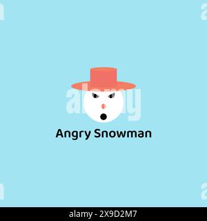 Snowman head logo wearing hat with angry face expression. Stock Vector