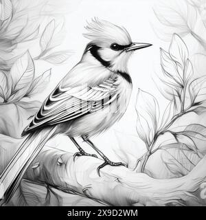 A back white bird is on the branch of tree drawing art Stock Vector