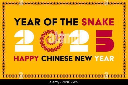 Happy Chinese new year 2025 Snake Zodiac sign, modern flat art design set in red, yellow and white colors (Chinese Translation: happy new year 2025, y Stock Vector