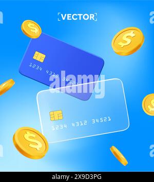 3d banking credit or debit card with golden coins, isolated on blue gradient background. Online payment, purchase banner template. 3d vector illustration. Vector illustration Stock Vector