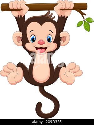 Cartoon cute monkey hanging on tree branch  vector illustration on white background Stock Vector