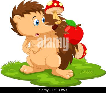 Cute hedgehog with mushrooms and apples on his body Stock Vector