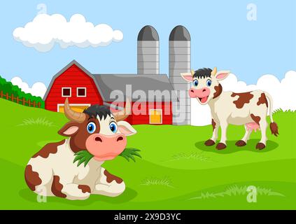 Vector illustration of Funny cows with farm background Stock Vector