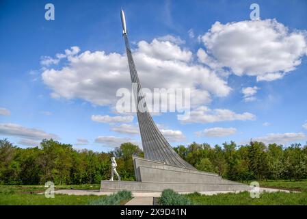 SARATOV REGION, RUSSIA - MAY 04, 2024: The 'Taking off Rocket' obelisk. The Park of space Explorers. Saratov region, Russia Stock Photo