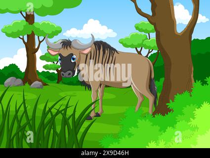 Vector illustration of Cartoon wildebeest in the jungle Stock Vector