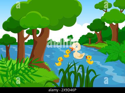 Mother duck swims with her three little cute ducklings in the lake Stock Vector