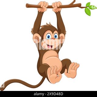 Cartoon cute monkey hanging on tree branch vector illustration on white background Stock Vector