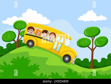 Little kids boy and girl ride school bus and go to school Stock Vector