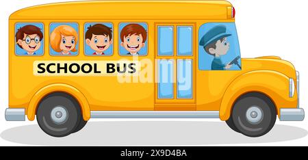 Little kids boy and girl ride school bus and go to school Stock Vector