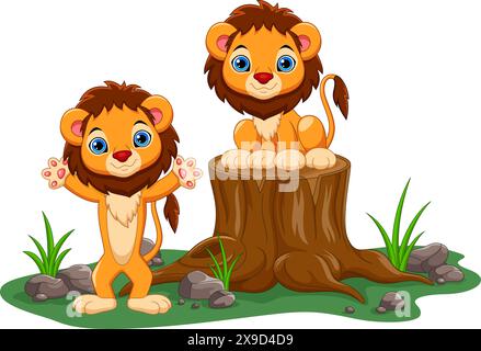 Vector illustration of mother lion and her baby in the jungle isolated on white background Stock Vector