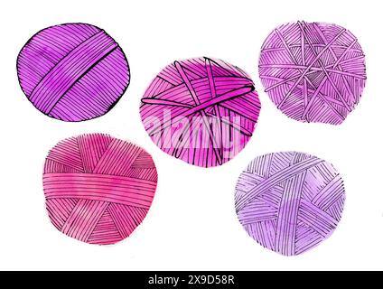 A set of balls of threads for knitting in different colors. Isolated on white background. Black contour drawing and watercolor. Different shades of pi Stock Photo