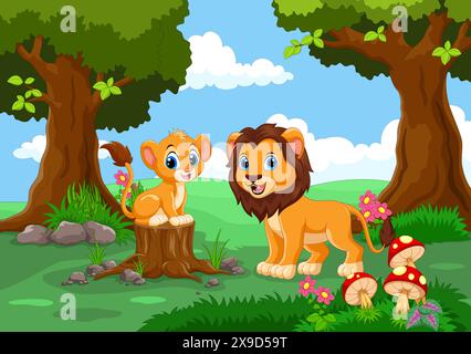 Vector illustration of mother lion and her baby in the jungle isolated on white background Stock Vector