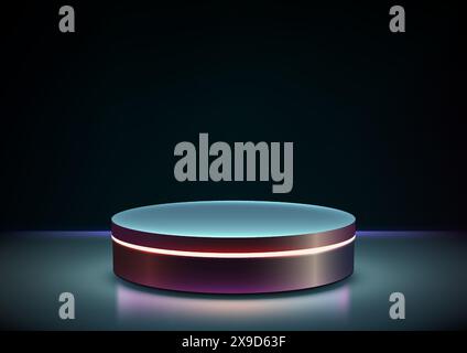3D Round Metal Podium with Neon Light in Dark Room, Futuristic Technology Concept for Product Display and Mockup Showroom Stock Vector