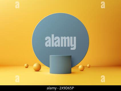 3D Blue Cylinder Podium with Circle Backdrop and Balls on Yellow Background for Modern Product Display Stock Vector