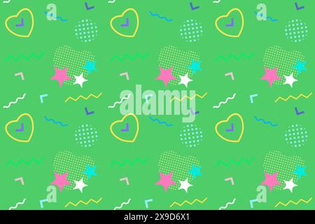 Vibrant seamless pattern in Memphis style featuring hearts, zigzags, and geometric shapes on a green background. Perfect for textiles and design. Stock Vector