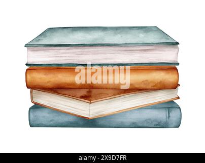 Watercolor illustration stacks of books for reading, pile of textbooks for education. Set of literature, dictionaries, encyclopedias. Colored Stock Photo