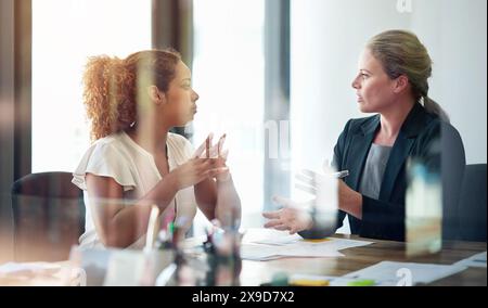 Woman, client and financial advisor in meeting for talking, discussion and consulting for investment. Glass, explaining and accountant in office Stock Photo
