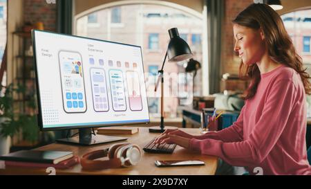Young Beautiful Woman Working on Freelance from Loft Apartment on Desktop Computer. Creative Female Designing Mobile Application User Interface For Fintech Company. Urban City View from Big Window. Stock Photo
