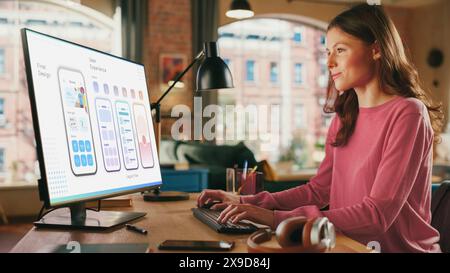 Young Beautiful Woman Working on Freelance from Loft Apartment on Desktop Computer. Creative Female Designing Mobile Application User Interface For Fintech Company. Urban City View from Big Window. Stock Photo