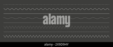 Collection of various dotted and zigzag lines on dark background. Stock Vector