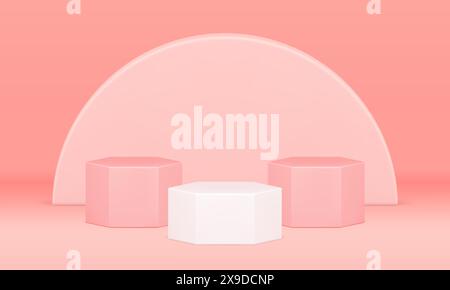 Display form pink geometric pedestal 3d background semicircle hexagonal prism product showcase realistic vector illustration. Minimalist podium exhibi Stock Vector