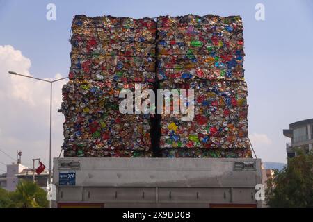 Istanbul, Turkey - September 8 2023: Close-up of a truck transporting packs of pressed tin cans from various drinks Stock Photo