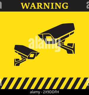 Warning symbol on yellow background with black silhouettes of security cameras Stock Vector