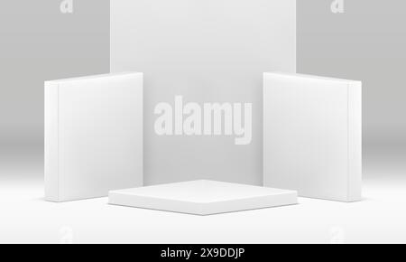 3d scene white geometric podium for product presentation decorative showcase realistic vector illustration. Pedestal stage foundation platform archite Stock Vector