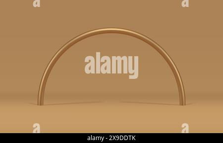 Golden archway curved metallic rod 3d decor element beige studio background realistic vector illustration. Premium arch gate minimalist geometric cons Stock Vector