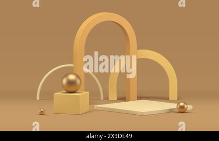 3d pedestal geometric form showcase for product presentation platform with arch realistic vector illustration. Premium beige studio background geometr Stock Vector