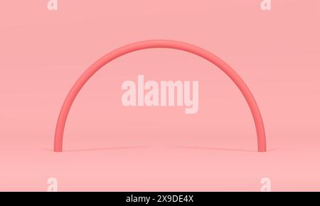 Pink curved rod archway construction decor element 3d display realistic vector illustration. Premium minimalist arch architecture showcase geometric f Stock Vector
