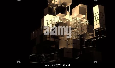 A close up of a building made of cubes. The cubes are arranged in a way that creates a sense of depth and dimension. The image has a modern and abstra Stock Photo