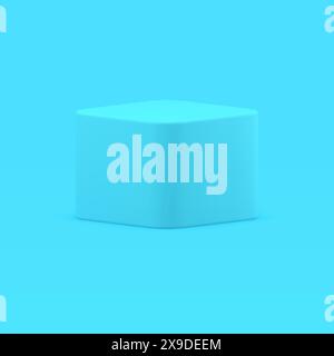 Blue smooth cube squared pedestal container polygonal regular box 3d realistic vector illustration. Symmetric podium square block abstract package geo Stock Vector