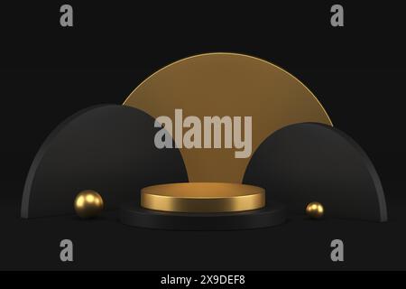 3d podium cylinder golden black geometric foundation for product performance realistic vector illustration. Pedestal round basic construction semicirc Stock Vector