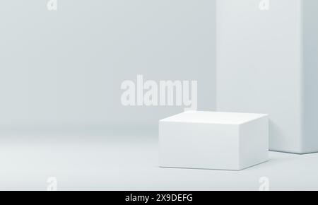 3d podium white rectangular box decorative wall premium studio background realistic vector illustration. Geometric pedestal architecture foundation ba Stock Vector