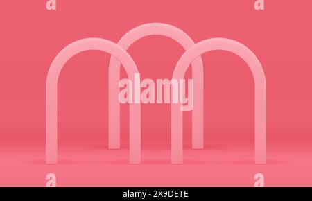 3d arch three pink curved column decor element decorative showcase realistic vector illustration. Premium archway geometric display abstract exhibitio Stock Vector