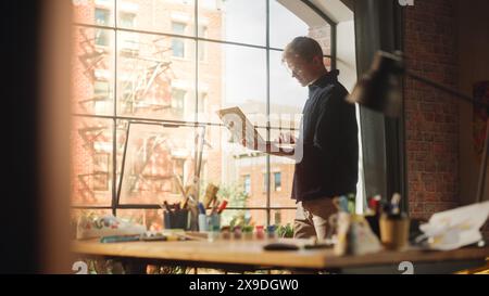 Professional Designer Holds Laptop, Walks around His Room, Writing Code and Checks Progress. Handsome Male Working on Mobile App. Stylish Studio of Creative Man Concept. Stock Photo
