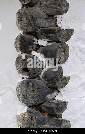 detail of traditional house wooden structure, intersection of wooden beams Stock Photo