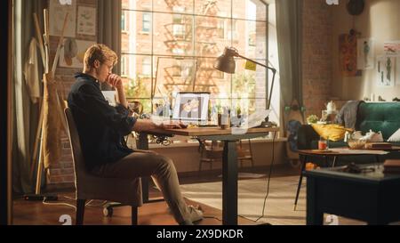 Creative Designer Works Behind the Desk on a Laptop Computer with 3D Model of Custom Sneakers on Screen. Stylish Creative Studio Office. NFT, Crypto Tokens and New Generation Concept. Stock Photo