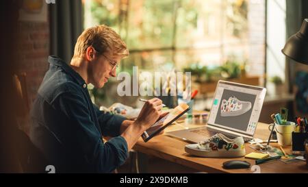 Experienced Male Teen Designer Works With Digital Graphics Tablet Touchscreen, Drawing Sketch of a New Unique Shoes Design. 3D Prototype of his Product in Editing Software on Laptop Display. Stock Photo