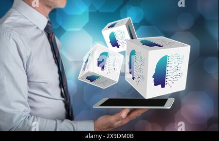 Machine learning concept above a tablet held by a man Stock Photo
