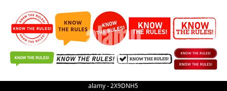 rubber stamp speech bubble and button know the rules sign for policy information Stock Vector