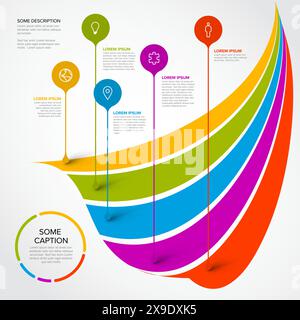 Infographic template with five droplet pointers on curved rainbow stripes. Multipurpose infographic template with five elements Stock Vector
