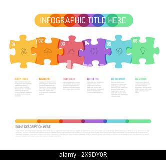 Six steps multipurpose infographic template with puzzle jigsaw pieces in rainbow overlay style. Simple multipurpose infograhic puzzle layout design te Stock Vector