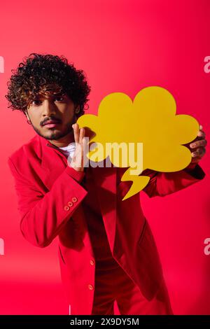 Handsome young Indian man in red suit holding a yellow speech bubble. Stock Photo