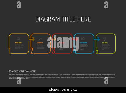 Vector process progress template diagram schema with five steps icons numbers and descriptions. color thin line squares on dark background with arrows Stock Vector