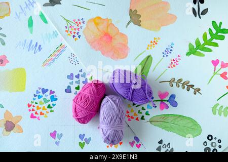 Bright Watercolor Doodles with Colorful Yarn on Canvas Stock Photo